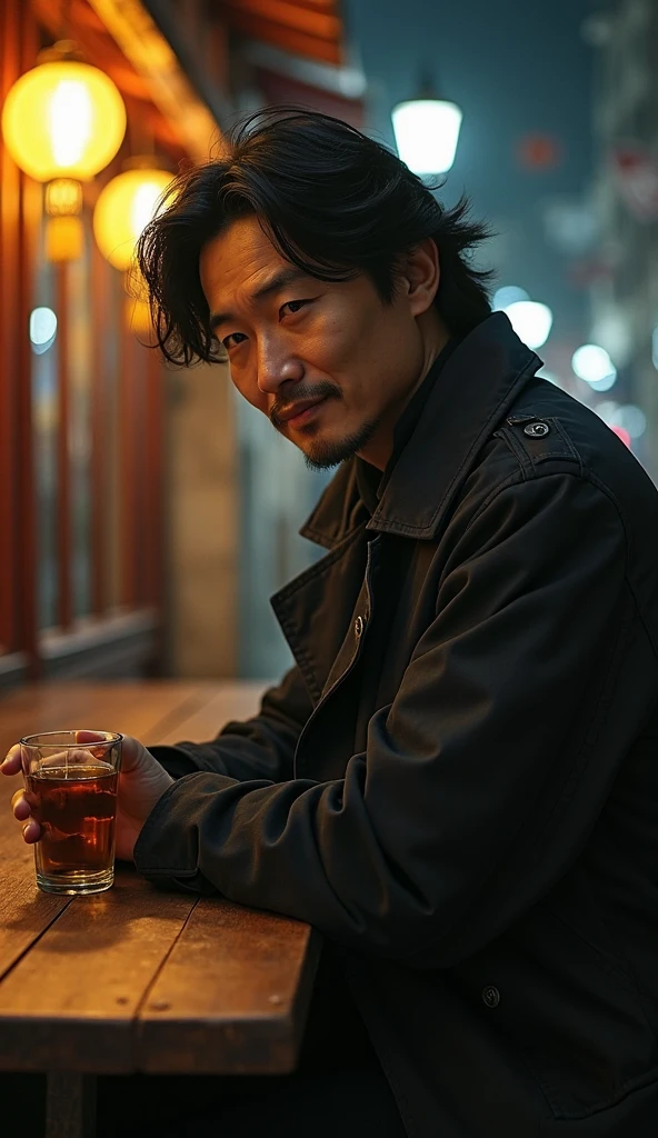 A Chinese middle-aged man with wavy medium-length hair and slight stubble, melancholic eyes and defined facial features. He wears a black trench coat and sits at a wooden table outside an old, nostalgic street-side bar. 9:16 vertical frame, he is centered lower in the image, holding a glass cup in his left hand, looking down in thought. The background features a quiet night street with warm yellow lights and cold moonlight. The atmosphere is  and emotional, with a mix of realistic and Chinese poetic style. Ideal for AI lip-sync singing video.