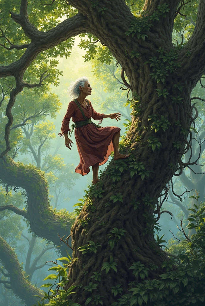 The old woman stealthily climbing a tree