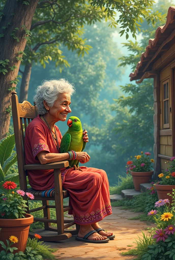A very clear ultra HD dynamic image of " Guddi Dadi lived in a small house near the forest.Her best friend was a little green parrot.