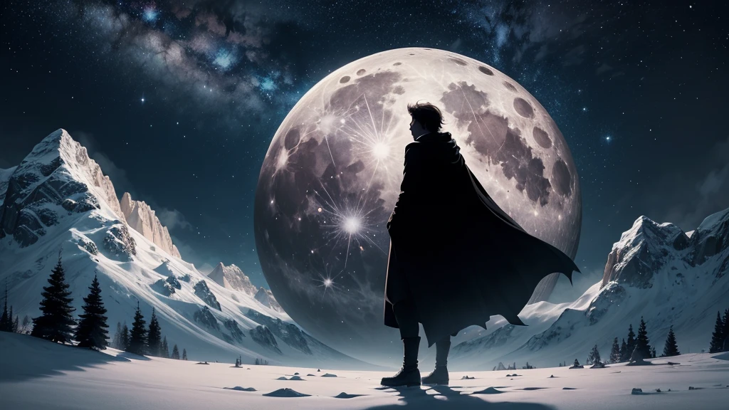 top quality,Big moon and shadow,A silhouette of a person can be seen against the backdrop of a large moon.,There is one full moon,There is a mood,Beautiful Scenery,starry sky,huge full moon, person silhouette , Under the Moonlight,Mysterious Atmosphere,Night Sky, Milky Way, Deep Blue,photorealistic,HDR,4K ultra high definition,Professional,dramatic lighting