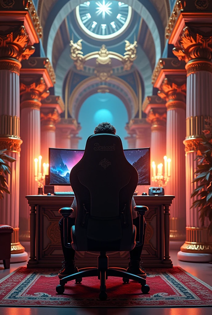 Give me an image of a streamer sitting in a gamer chair that goes viral with his image and that gets a lot of followers because the image is striking , And the background of the streamer studio is like Greek mythology and that represents money and gold and there are LED lights