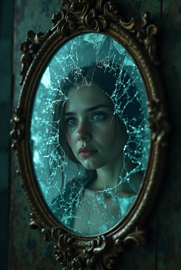 The mirror now completely cracked, glowing faintly with scratched text: “तू मेरी माँ है...”, Eliza’s terrified reflection  visible in the broken glass.