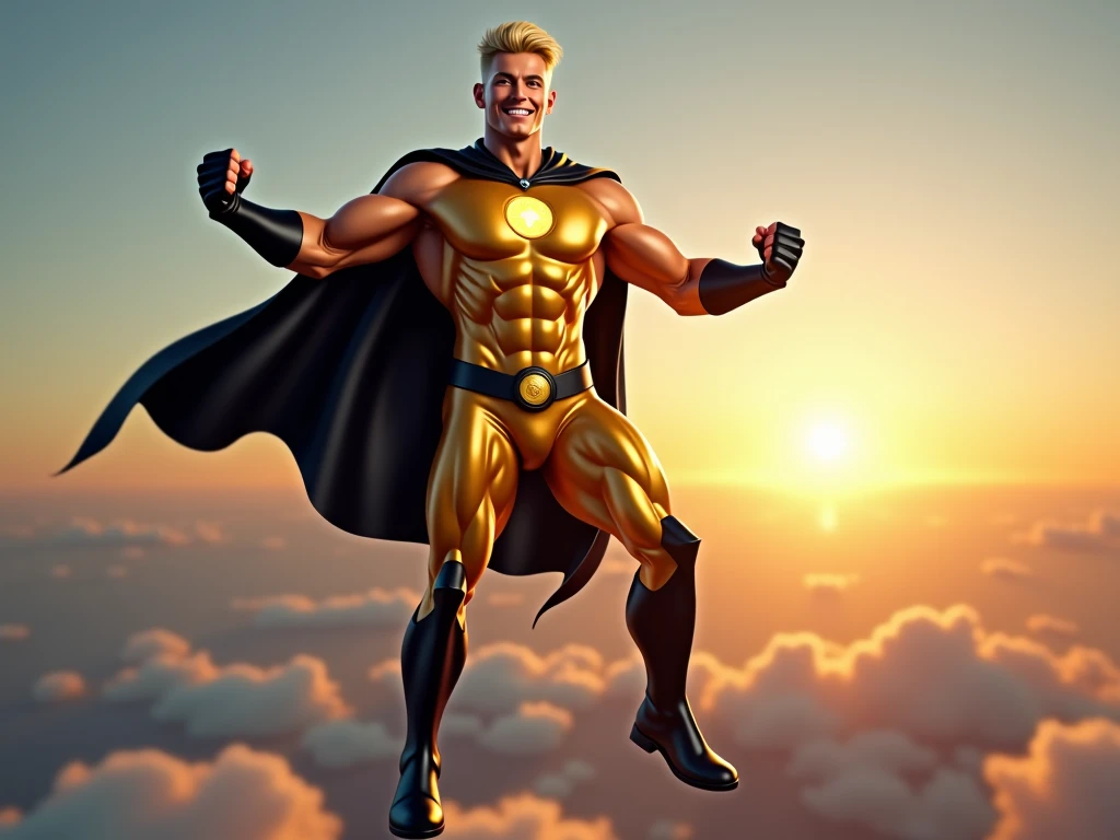 A naked blonde muscular superhero with massive muscles wearing a metallic jockstrap, boots and a cape in turquoise and yellow, looking handsome and beautiful, seen from just below.