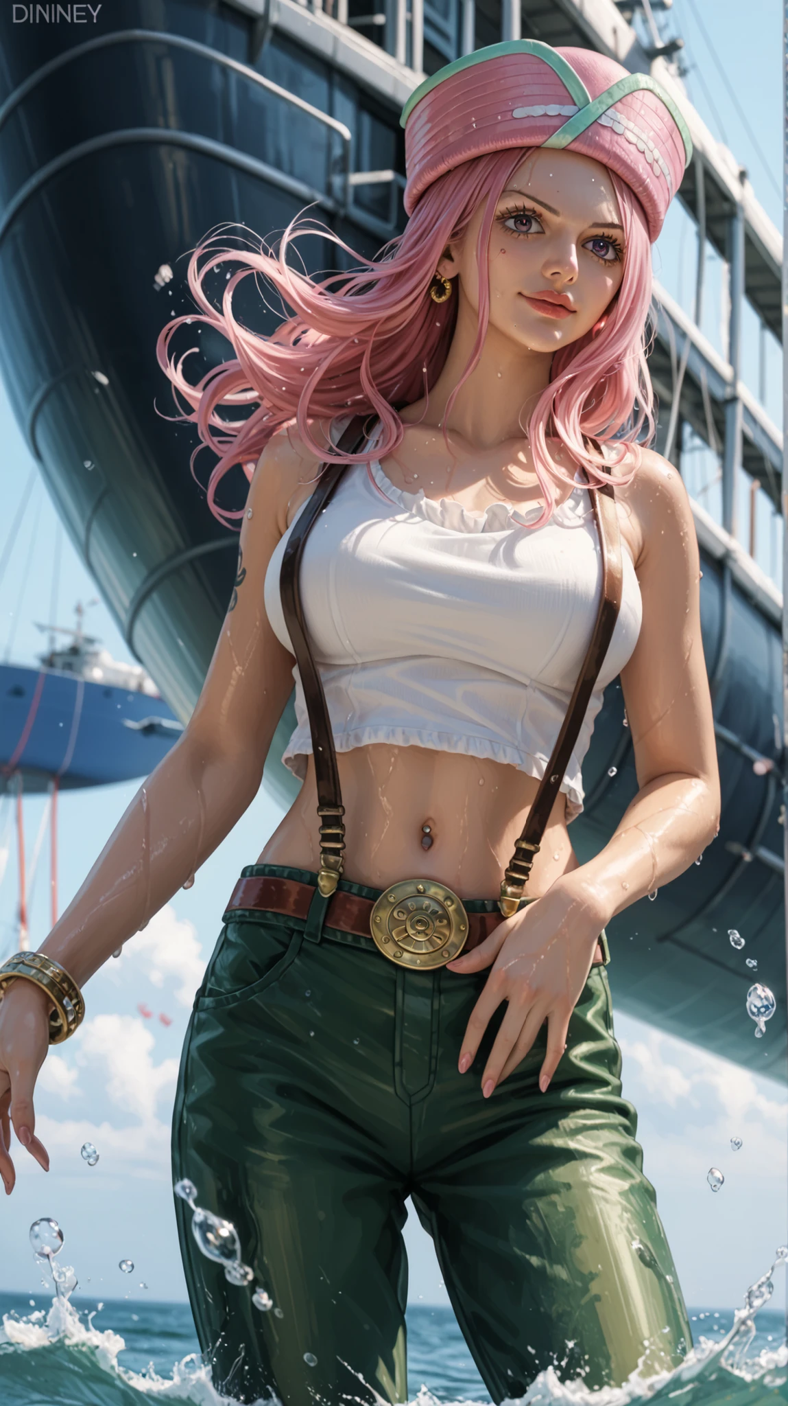 Hyper-realistic portrait of Jewelry Bonney from One Piece, full-body view, standing confidently in a gritty urban port setting. She wears her signature outfit: a cropped white tank top, olive green pants with suspenders, and a pink cap slightly tilted over her long pink hair. Her expression is bold and rebellious, with piercing eyes and a subtle smirk. Her hair flows naturally with wind, detailed with realistic texture and volume. Her skin has soft, natural tones with subtle shadows adding depth to her features. Tattoos and scars may be visible on her arms, enhancing her pirate identity. The background includes rusted ship parts, crates, and fog rolling across the dock, with dim golden-hour lighting casting dramatic shadows and highlights. The scene is filled with ambient dust, ocean mist, and subtle reflections on wet surfaces. Compose the image from a medium-low angle to emphasize her dominance and confidence, using natural cinematic lighting for added realism and depth.
