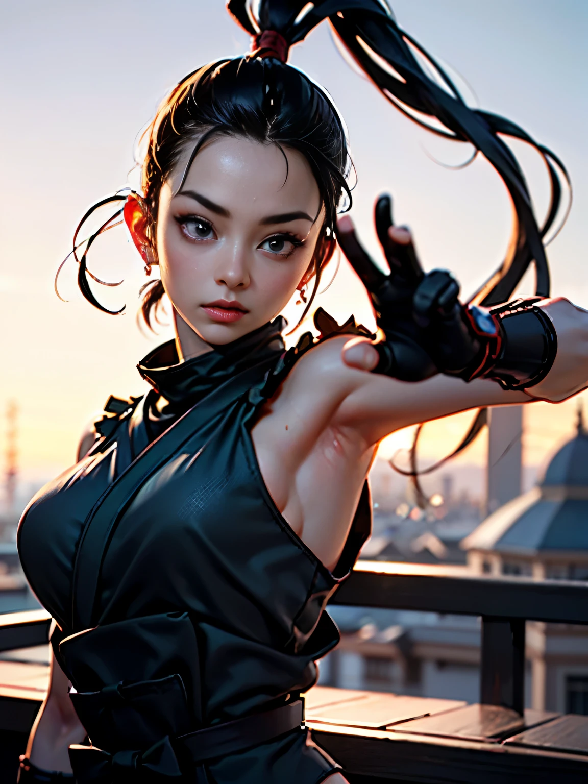 (Surrealism, retina, masterpiece, accurate, anatomically correct, super detail, best quality, 8k, extremely precise in every detail, beautiful detailed glow, beautiful attention to detail, beautiful detailed eyes:1.3), a girl, 18-years-old, slender, (wearing decorated glossy black Ninja-suit:1.2), on the Rooftop of a building, (Combat Stance , fighter pose:1.2), Kunoichi, Female Ninja, (anatomically correct fingers, anatomically correct hands:1.1), day time