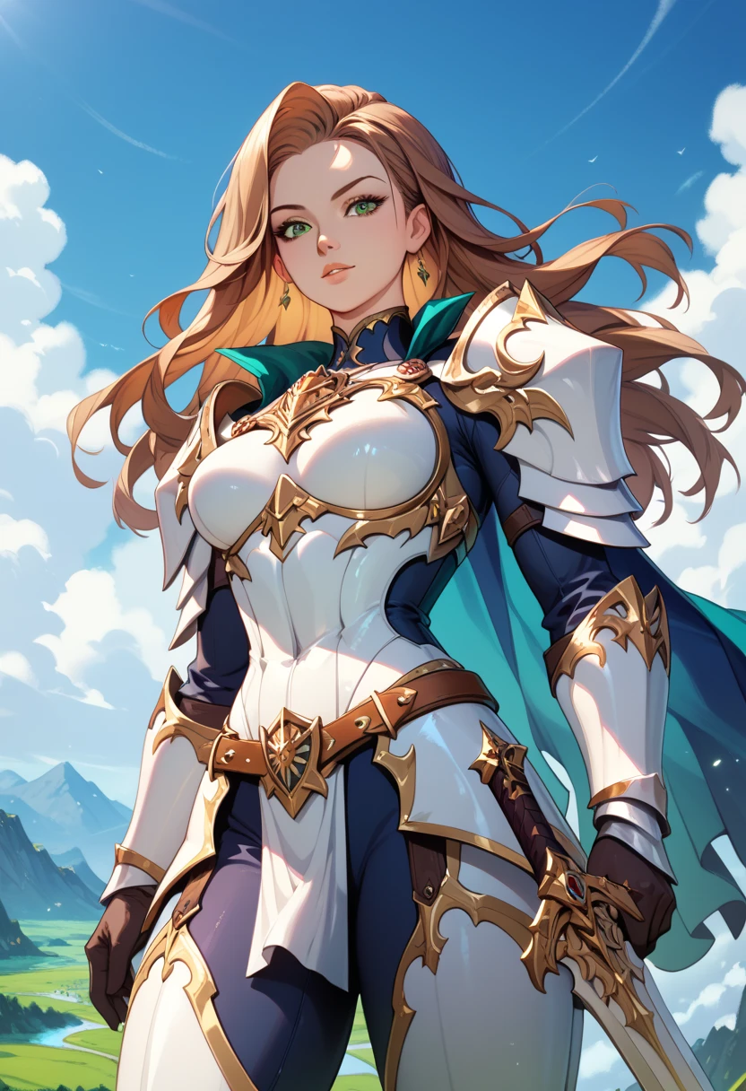 strong muscular woman, sexy heavy draconic steel knight armor, sexy armor, blue silk cape adorned with golden lines, brunette, long brown hair, green eyes, (sword sheath:1), brown belt, calf showing white skin, from below, masterpiece, cowboy shot, perfection, flawless, royal, luxury, rich, clear blue sky, green landscape,