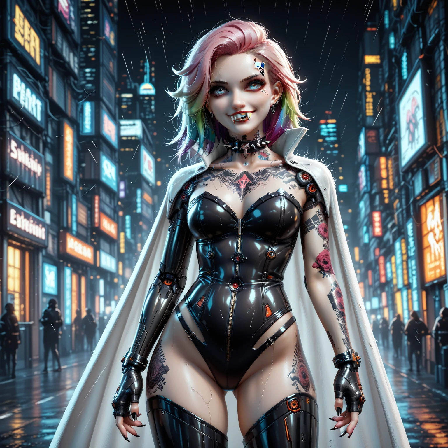 (8k_ultra_detailed), (gorgeous_cybergoth_vampire), (large_sharp_fangs:prominent), (rainbow_hair:neon_ombré:flowing), (voluminous_curves), (large_breasts:natural), (mischievous_but_sweet_smile), (undercut_haircut:shaved_right_side), (neck_tattoos:circuit_patterns:glowing_blue), (cybernetic_left_arm:mechanical:exposed_wiring:glowing_blue_circuits), (black_latex_corset:strapless), (transparent_mesh_top:sheer), (studded_choker:spiked), (fingerless_gloves:leather:right_hand_only), (thigh_high_boots:platform), (glowing_contacts:purple), (futuristic_cape:tattered_edge), (standing_pose:confident:cybernetic_arm_forward), (high_tech_city_background), (neon_lights:pink_and_teal), (holographic_billboards:animated), (floating_vehicles:futuristic), (rain_slicked_streets:reflective), (cyberpunk_metropolis:dystopian), (smoke_machines:swirling), (dramatic_lighting:chiaroscuro), (hyper_detailed), (digital_painting:trending_on_artstation), (sharp_focus), (vibrant_colors:high_saturation), (cool_toned_shadows), (high_contrast), (fantasy_art), (character_design:unique), (intricate_mechanical_details), (energy_pulses:blue:along_arm)
Key Cybernetic Additions: