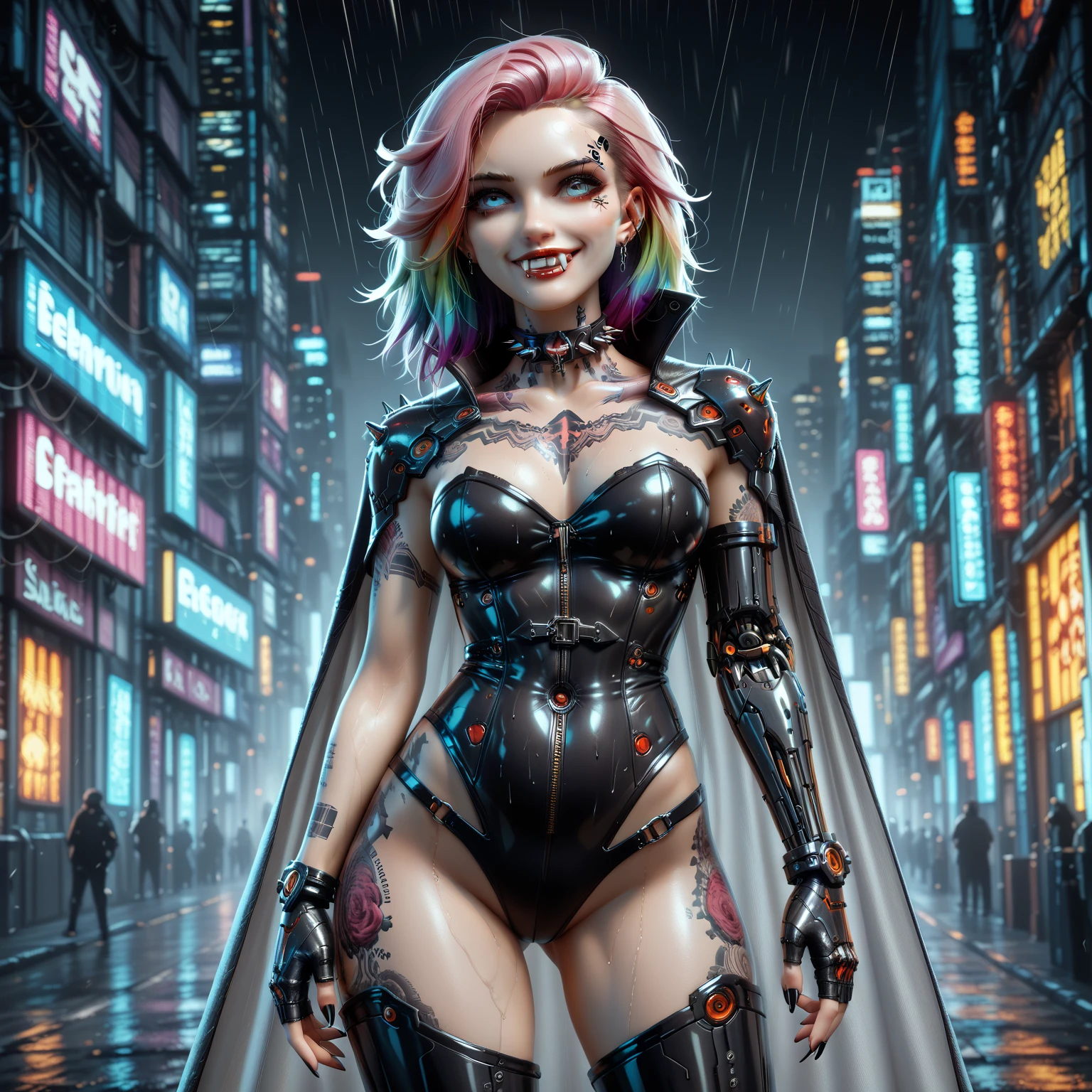 (8k_ultra_detailed), (gorgeous_cybergoth_vampire), (large_sharp_fangs:prominent),( silver fangs) (rainbow_hair:neon_ombré:flowing), (voluminous_curves), (large_breasts:natural), (mischievous_but_sweet_smile), (undercut_haircut:shaved_right_side), (neck_tattoos:circuit_patterns:glowing_blue), (cybernetic_left_arm:mechanical:exposed_wiring:glowing_blue_circuits), (black_latex_corset:strapless), (transparent_mesh_top:sheer), (studded_choker:spiked), (fingerless_gloves:leather:right_hand_only), (thigh_high_boots:platform), (glowing_contacts:purple), (standing_pose:confident:cybernetic_arm_forward), (high_tech_city_background), (neon_lights:pink_and_teal), (holographic_billboards:animated), (floating_vehicles:futuristic), (rain_slicked_streets:reflective), (cyberpunk_metropolis:dystopian), (smoke_machines:swirling), (dramatic_lighting:chiaroscuro), (hyper_detailed), (digital_painting:trending_on_artstation), (sharp_focus), (vibrant_colors:high_saturation), (cool_toned_shadows), (high_contrast), (fantasy_art), (character_design:unique), (intricate_mechanical_details), (energy_pulses:blue:along_arm)
Key Cybernetic Additions: