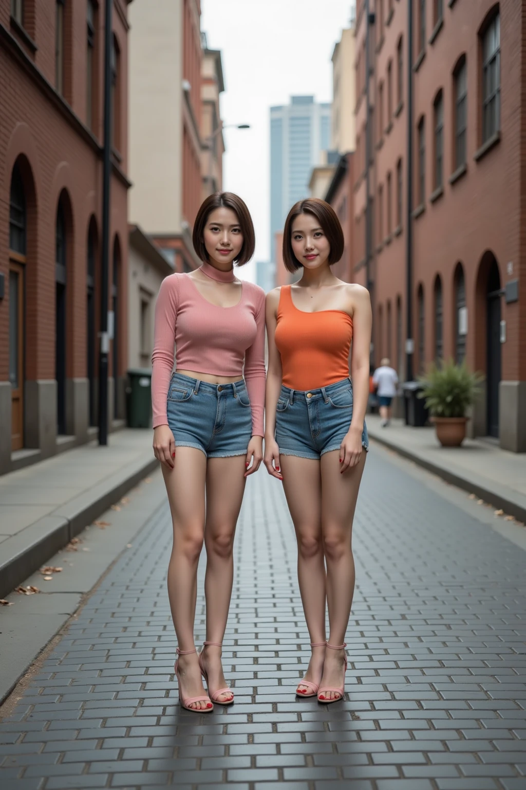 ((Medium chest, small head)),evening, Sunlight, (Two people are talking with gestures), (Perfect body: 1.1), (shorth hair: 1.2), Russet Hair, Full body photo, Shabby street, (Very detailed CG 8k wallpaper), (Extremely delicate and beautiful), (masutepiece), (Best Quality: 1.0), (Hyper-Resolution: 1.0), Beautiful lighting, Perfect Lightning, Realistic Shadows, [High resolution], detailed skins, ultra-detailliert、NSFW,fullnude、Smile expression、Cheek cane、NSFW,Naked 、(((plein air)))、natural make up、Too skinny、Two people are talking with gestures