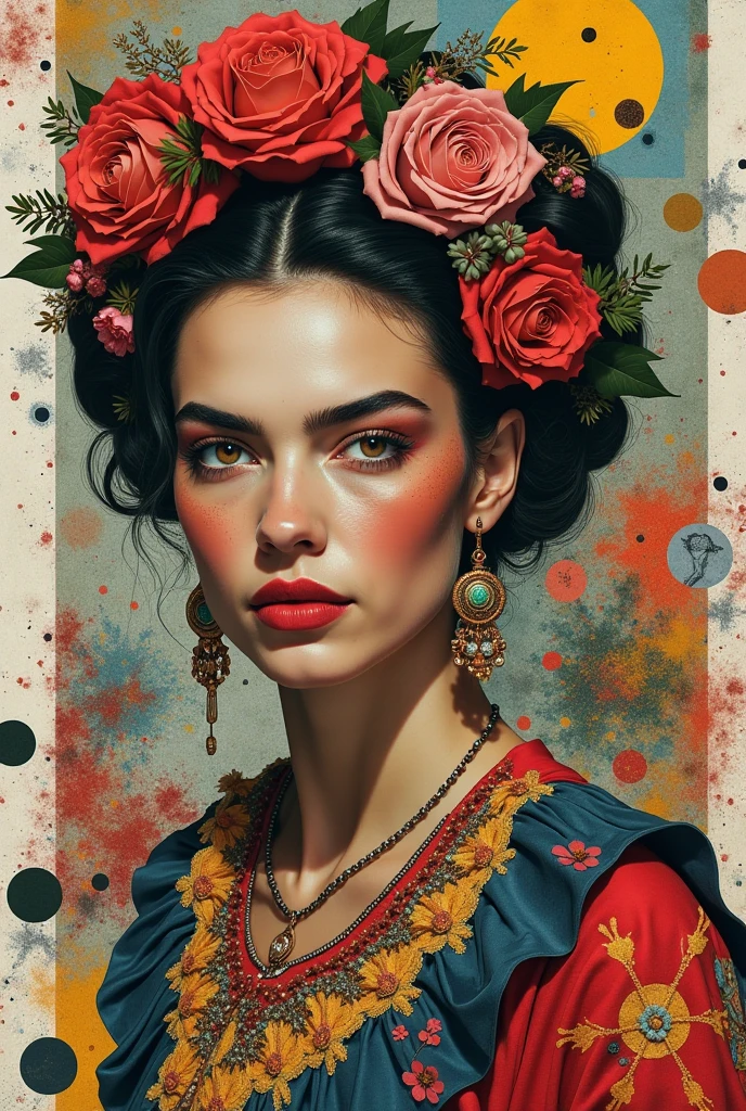 A surreal and visually captivating artistic collage titled Collage Chaos, blending diverse beauties from around the world into a single chaotic yet harmonious composition. Incorporate women of various ethnicities, ages, and eras, each styled uniquely—vintage glam, modern chic, tribal elegance, futuristic cyber-beauty, and natural raw essence. Fragments of their faces, bodies, and styles intersect and overlap like torn magazine pages, brushstrokes, and digital glitches. The background is an explosion of color, textures, and abstract shapes—paint splashes, floral elements, cultural motifs, and celestial imagery. The overall tone is avant-garde, expressive, and emotionally charged, like a dreamscape of feminine power, diversity, and artistic disarray. Inspired by the energy of Bauhaus, the layering of Dada collages, and the emotion of Frida Kahlo's palette