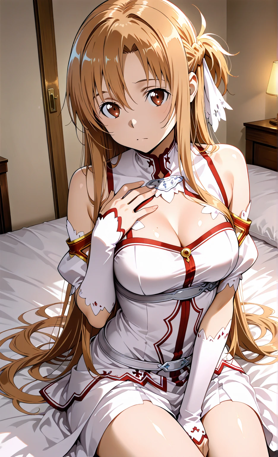 ((masterpiece)), ((best quality)), (ultra-detailed), ((extremely detailed)), 4K, (8K), best quality, (beautiful), anime style, fullbody shot, heavy outline, clear outline, full body focus, bedroom, (((Asuna, SAO))), ((nude)), ((beautiful orange eyes)), large breast, (ahegao, blush, sweat, open mouth, rolling eyes, tongue out),(lie on one’s back,spread legs:1.5), shiny-glistening, gleaming
