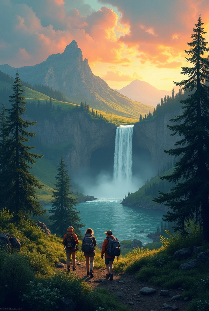 A realistic digital painting showing three hikers walking along a forest hill . The background features a realistic sky transitioning from deep to warm and soft gold. hills should some green vibes, a big waterfall cascades into a calm lake, and the landscape is framed with minimal greenery and no prominent foreground trees, right and left side from frame should use tresses . The scene conveys peaceful adventure and natural beauty under a colorful dark sky.