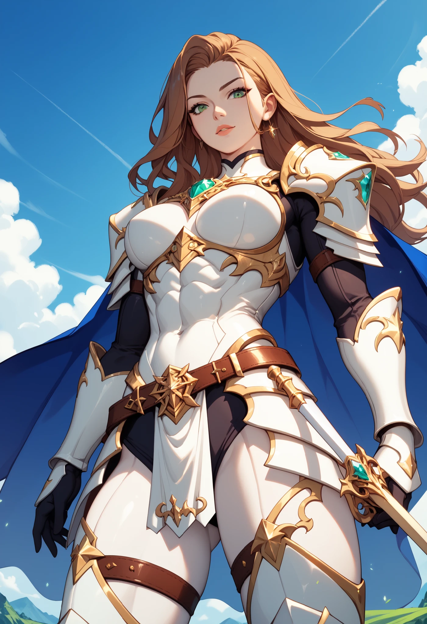 strong muscular woman, sexy heavy draconic steel knight armor, sexy armor, blue silk cape adorned with golden lines, brunette, long brown hair, green eyes, (sword sheath:1), brown belt, calf showing white skin, from below, masterpiece, cowboy shot, perfection, flawless, royal, luxury, rich, clear blue sky, green landscape,