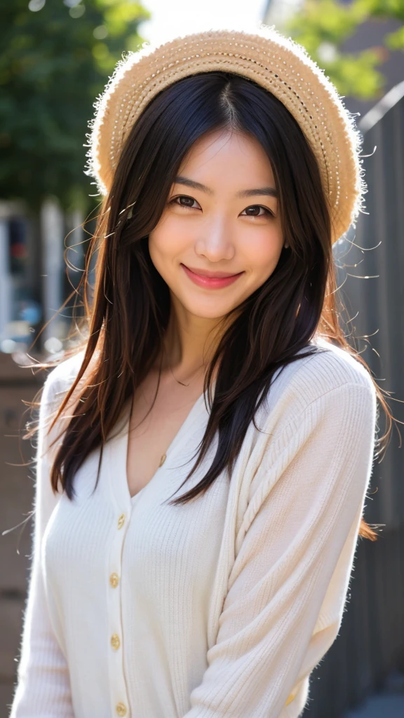 masterpiece,best quality,(Japanese ),((Beautiful girl)),cleavage,(perfect body beauty:1.2),(shy smile),beautiful teeth,(hat),(Shibuya scramble crossing),light colored hat,