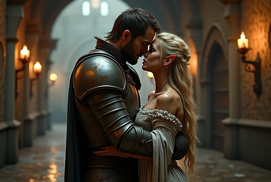  Medieval Knight, rusty and destroyed armor, in a medieval castle, midnight, with a  elf princess, angelical, illuminated, Young  blonde, white legs, in arms ,  , Clothes, blanca cinematic lighting, UHD, Very detailed, textured leather, high quality, quality, Details altos, Detail, The best quality, Awarded many times, Anatomically correct, Precise, high resolution jockstrap, masterpiece, wet floor, cinematic lighting, 3D Rendered, Medieval decoration art and rose petals in the air,  fire in the sky  