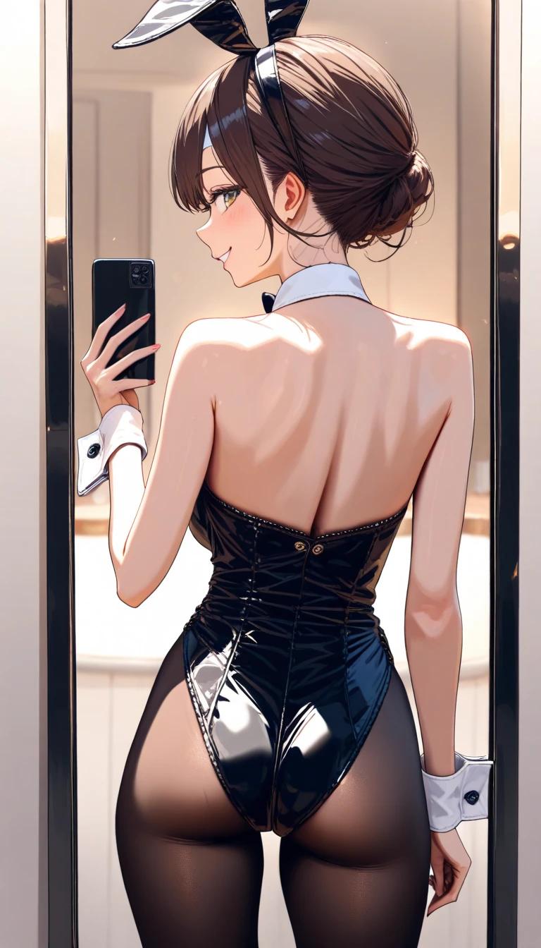 ((((masterpiece, best quality, high resolution)))), (1girl:1.5), ((short silky hair, black hair, blue eyes, sharp eyes)), (perky breasts:1.2), blush, (blushing, light smile), glow, thighs, bare shoulders, collarbone, narrow waist, (slender body figure), (beautiful detailed face, beautiful detailed eyes), (holding phone), perfect fingers