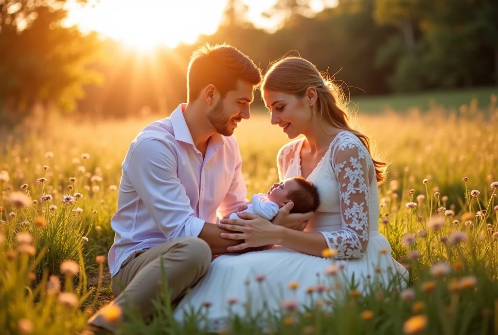 A red-haired woman with two babies in her arms sitting in a garden surrounded by white roses and a black-haired man hugging her 