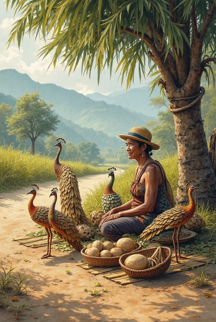 "A rustic roadside scene in Myanmar countryside, with a middle-aged local artisan sitting on a bamboo mat under a coconut tree, selling handmade peacock sculptures crafted from dried coconut leaves. The peacock figures have intricate woven details, some with natural dye colors. Surroundings include a basket of coconut shells, traditional woven bags, and a misty mountain backdrop. Warm sunlight, realistic watercolor style, peaceful rural atmosphere."  