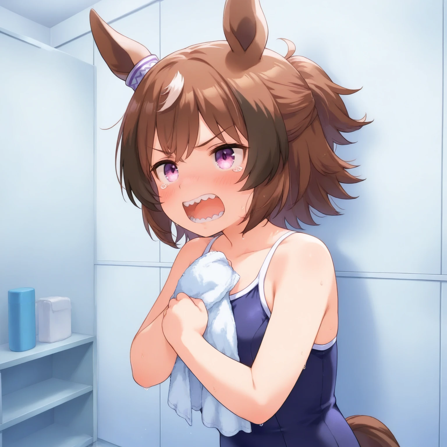 (A superb beautiful girl), 8k, Ultra high resolution, (masterpiece:1.2), (best quality, finely detailed beautiful eyes), extremely delicate, solo, real light and shadow, woman getting fucked with a big cock in between her tits, 1girl, breasts, dantsu_flame (umamusume), 1boy, hetero, nipples, sex from behind, sex, drunk, doggystyle, large breasts, nude, cum, bow, blush, hair bow, sweat, all fours