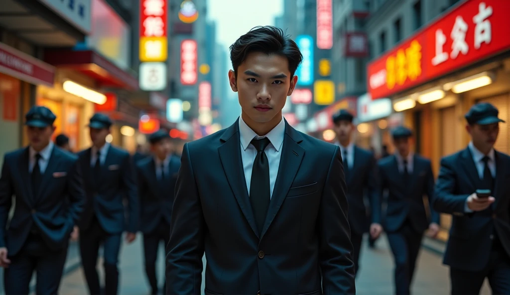 Vietnamese man in gangster suit walks on Hong Kong street , there is a group of gangsters following behind preparing to fight , super sharp , age 20 , there are many commuters in a hurry , film substances
