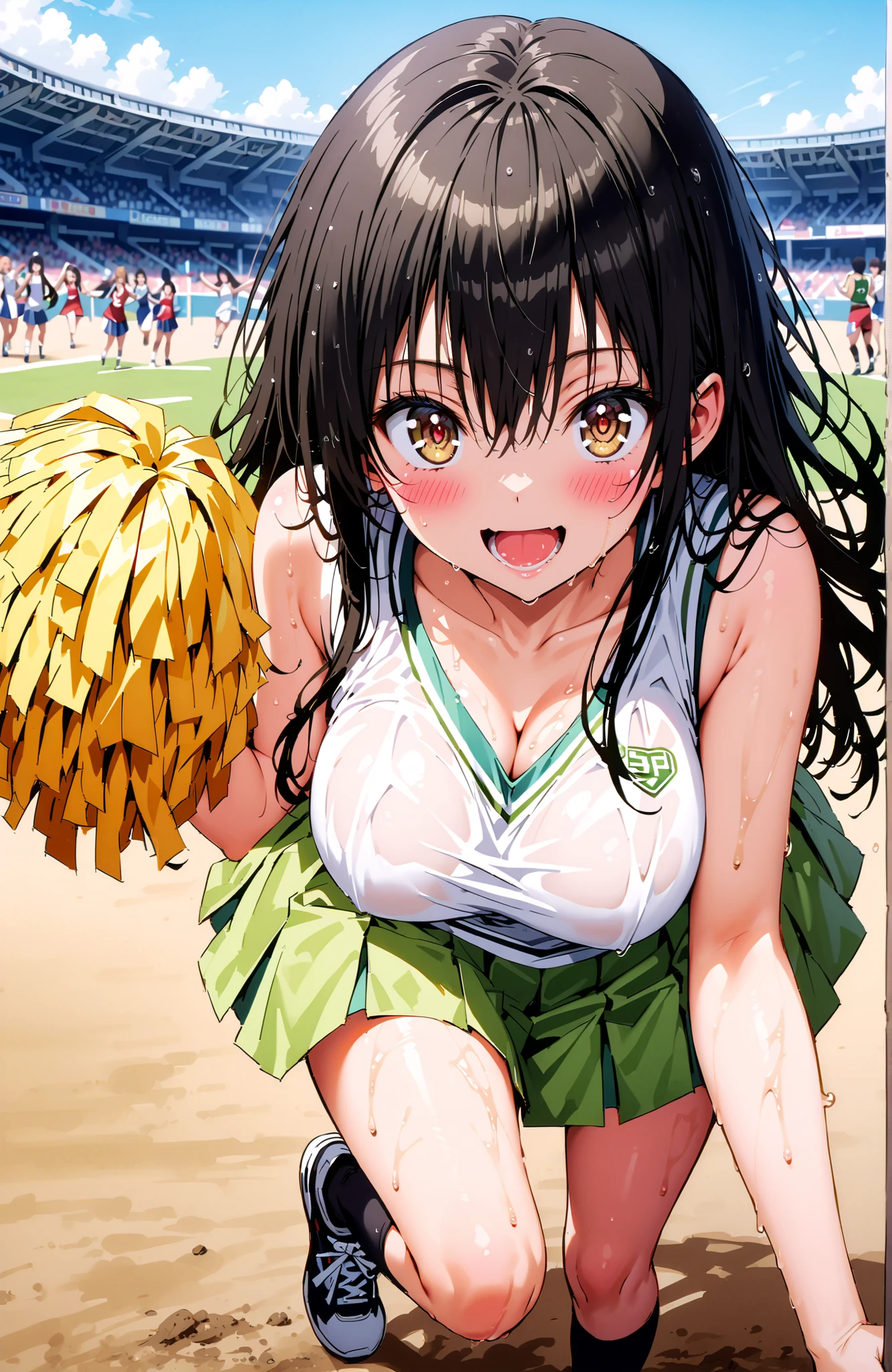 score_9, score_8_up, score_7_up, sauce_anime,yuikotegawa, Yui Kotegawa , black hair, brown eyes in the oral vagina, long hair,smile,blush,open your mouth,Big Breasts,breasts are shaking,(Cheerleading), (full body), on chest, (sweated), sweated Wet Clothes, (green clothes),sleeveless, pleated skirt,black socks,sneakers, after aw, playground, (jump), (jump), 両足を曲げてjumpする, blue sky, Compa, smile,cheerleader, Pom-pom \(Cheerleading\) real hair ornaments,audience,full bodyがイラストに入るように,break looking at viewer,full body
break outdoors, stadium,,
break (masterpiece:1.2), best quality in bronze, high resolution, Unity 8Kの壁紙, ( illustration :0.8), (beautiful detailed eyes:1.6), highly detailed face, perfect lighting, highly detailed CG, (perfect hand, perfect anatomy),