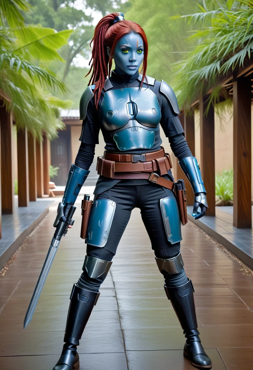 score_9, score_8_up, score_7_up, high quality, masterpiece, BoKatan, (blue-skinned) BoKatan, dreadlocks, ponytail
black outfit, armor Bo-Katan, green eyes, bodysuit, Bo-Katan leg armor, gloves, belt, bracers, holsters, boots, Bo-Katan shoulder armor, short hair, red hair, hair ornament,