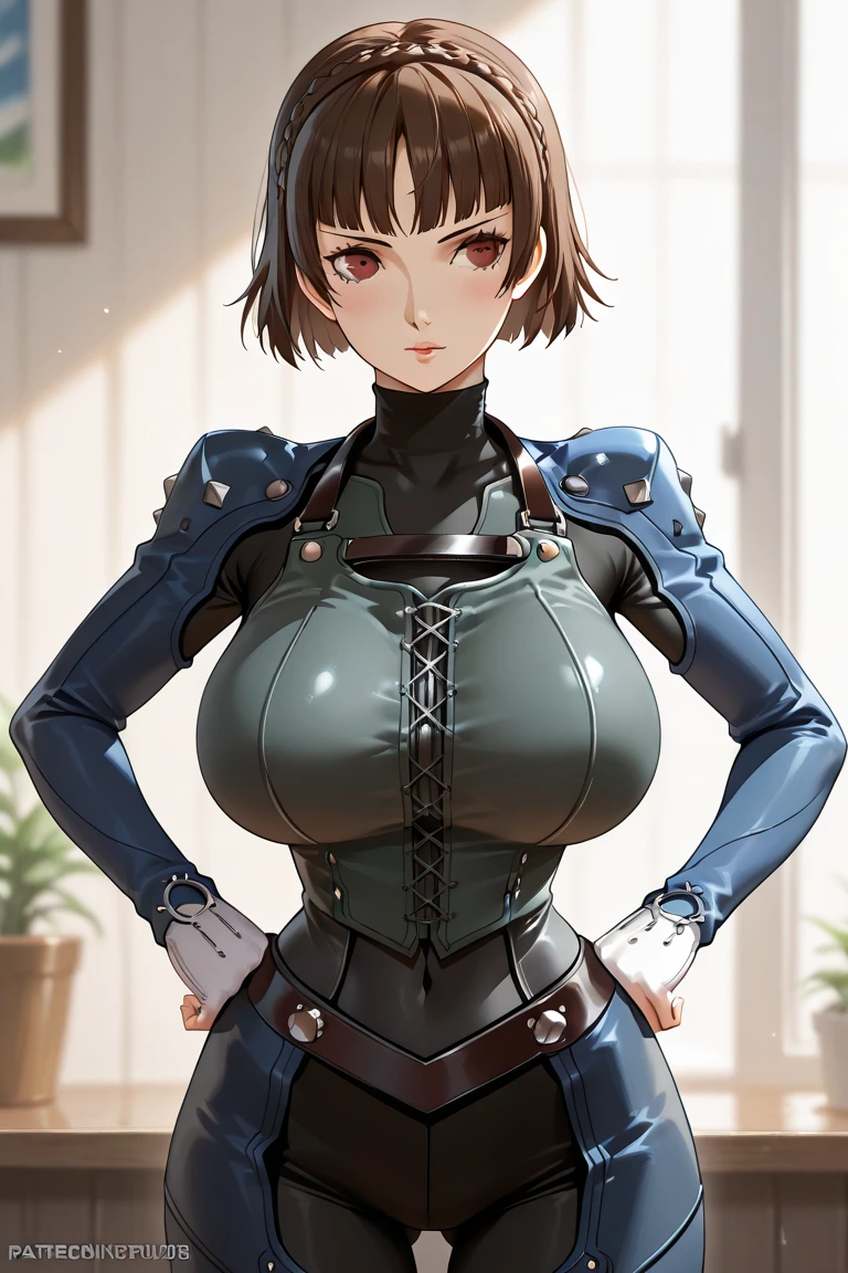 Browsing Caution, (Best image quality,highest quality,Highest Resolution, Ultra-Realistic Images,Very detailed,masterpiece),One Woman,Black short hair,((Sticky with sweat)),Big Breasts, ????? nipples, (((Large ??????))),(((Exposing the breasts))), armor,blush, Eyes in Love, Dynamic pose ,Browsing Caution,