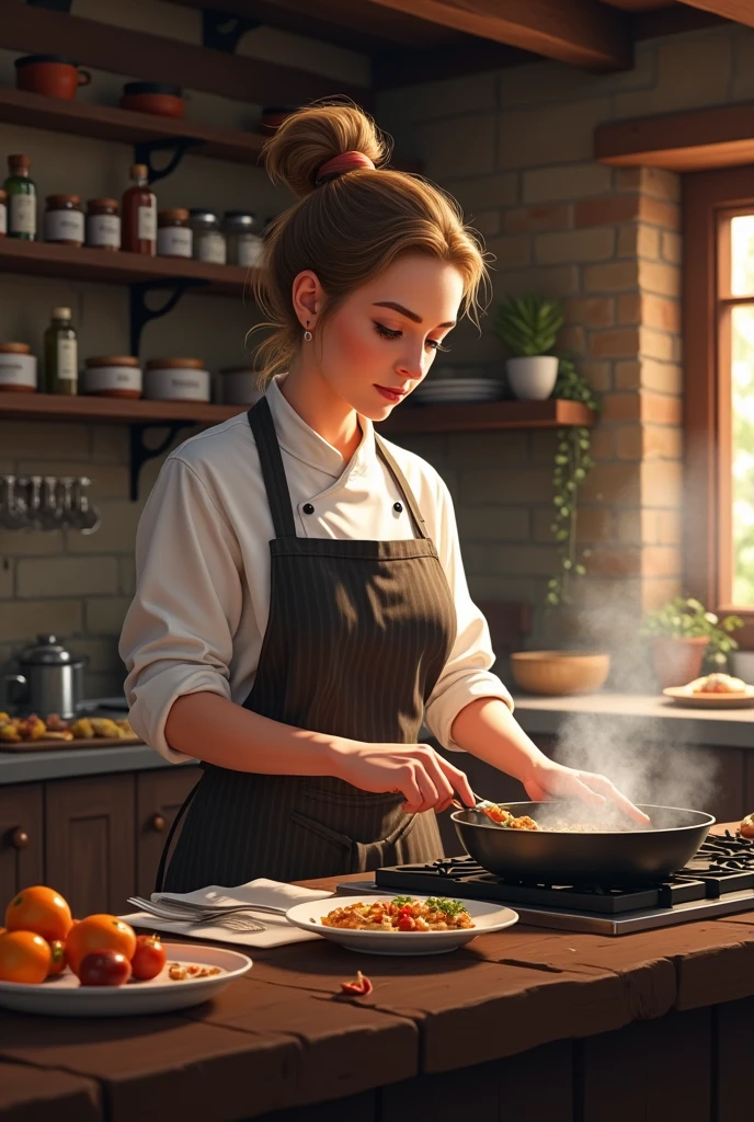 Female chef in a rustic kitchen, cozy, Preparing food and not looking at the camera