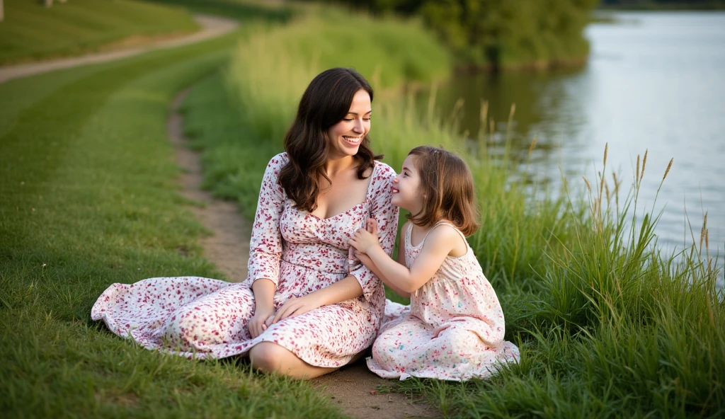 her name is Elle, high quality, 1girl, ((20-year-old fit Caucasian woman)), ((20 years old)), ((fit)), ((pale skin)), short length straight dark hair , wearing Pastel Mint Polka Dot Sundress, pose: standing, background: Capture the serene beauty of a lakeside park in a European city, with people strolling along the paths, boats gently gliding on the water, and families enjoying picnics on the grass