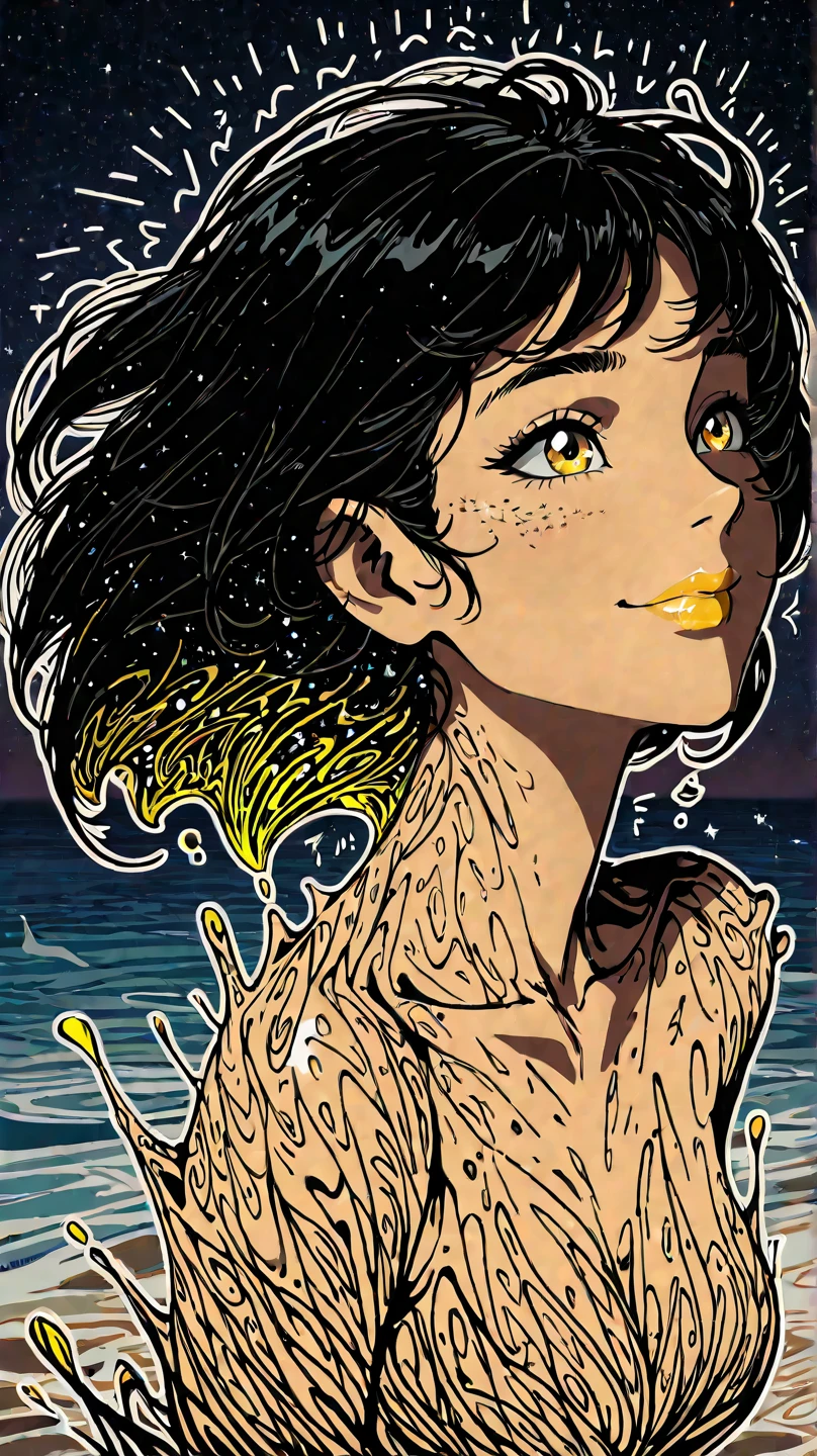 score_9,score_8_up,score_7_up,score_6_up,score_5_up,score_4_up, 1girl, penis, beach, bikini, pop art, pretty girl, black hair, hime cut, cute nose. seductive, white choker, pink lips, freckles, huge cock covered in spit. excessive cum