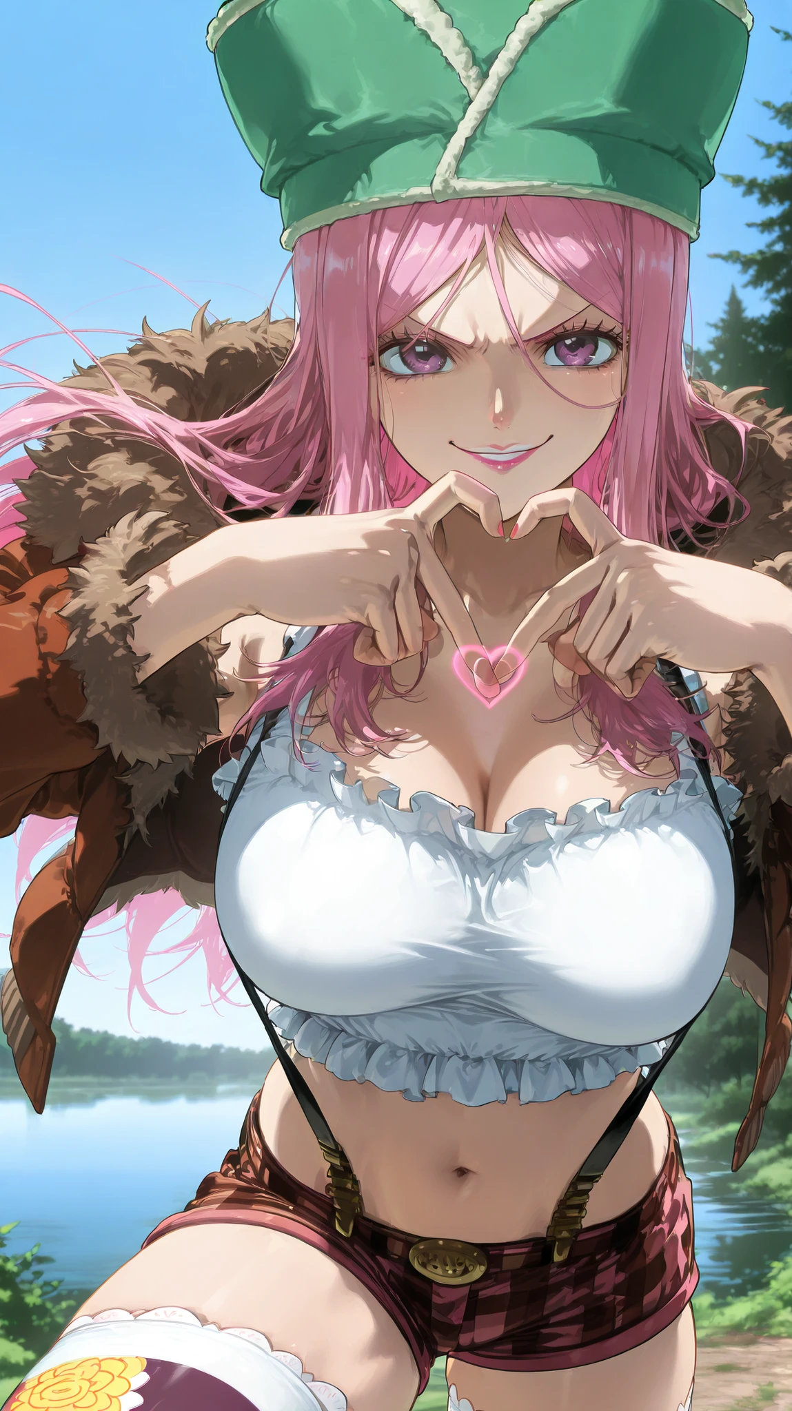 score_9, score_8_up, score_7_up, source_anime BREAK 1girl, looking at viewer,
jewbonney, purple eyes, pink hair, long hair, suspender shorts, tank top, frilled shirt, green headwear, make up, lipstick, brown jacket, white shirt, short shorts, multicolored thighhighs, open jacket, print legwear, plaid shorts, striped shorts, fur-trimmed jacket, v-shaped eyebrows, midriff, navel,
large breasts, smile, heart hands, heart fingers, outdoors, nature, blue sky, lake,