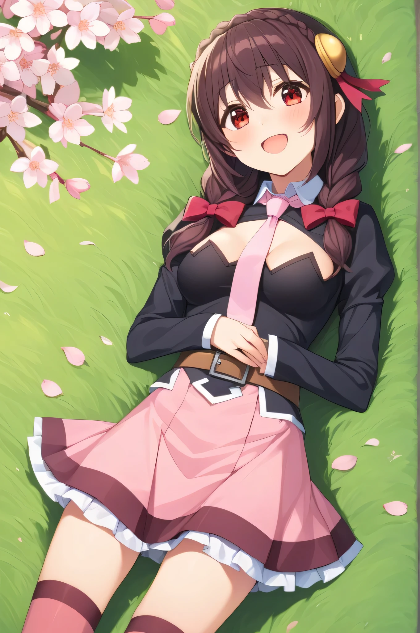 alone, One girl, , View your viewers, Crown Blade, hair ornaments, Hair Ribbon, Pink tie, Black long sleeve, Pink Skirt, Knee socks, Cleavage, grassland、Black Hair、(Close your eyes:1.5)、(blush:)、Sitting next to me on the bench and sleeping、cherry blossoms