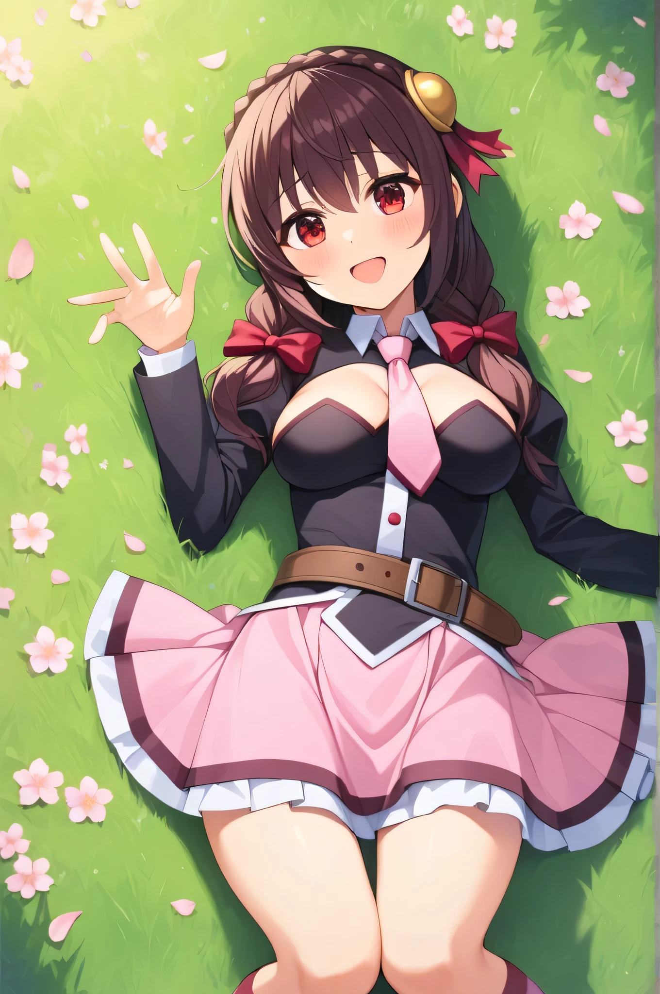 alone, One girl, Embarrassed face, View your viewers, Crown Blade, hair ornaments, Hair Ribbon, Pink tie, Black long sleeve, Pink Skirt, Knee socks, Cleavage, grassland、Black Hair、Red Eyes、(blush:1.5)、Sleeping on your back、cherry blossoms、(Her skirt flips up, revealing her pink underwear:1.5)