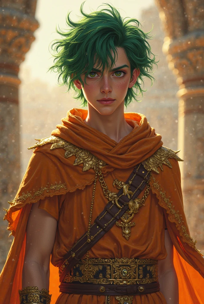 Okay Kanaan is the prince of Zeboim the youngest of three brothers (he is not destined for the Crown) his hair attracts attention because it is green , his green eyebrows are also He is 20 years old and looks younger ,  is thin  , I look mischievous and a little cold,  mocking smile,  Socarrona measures 1:60 his weapon is a Russian and Babylonian mangual,  with a chain that wraps around his arm . His eyes are emerald green his hair is Very messy wavy covers his ears , his fingers are dyed with an earthy red dye he has a gold bracelet with letters in the language of Zeboim ( a mixture of Hebrew , he invents) he has a tiara that adorns his lush hair is golden with golden bay leaves his clothes are orange with leather applications on the chest as protection with gold buckles his clothes rescue ancient Babylon and Persian I would like this image on a terrace of the Zeboim palace where part of the city could be seen using the greatness of Babylon as a reference,  its hanging gardens and what you would like to always replicate from fantasy with this hyper realistic and cinematic style with enough detail as if you were a real person 
