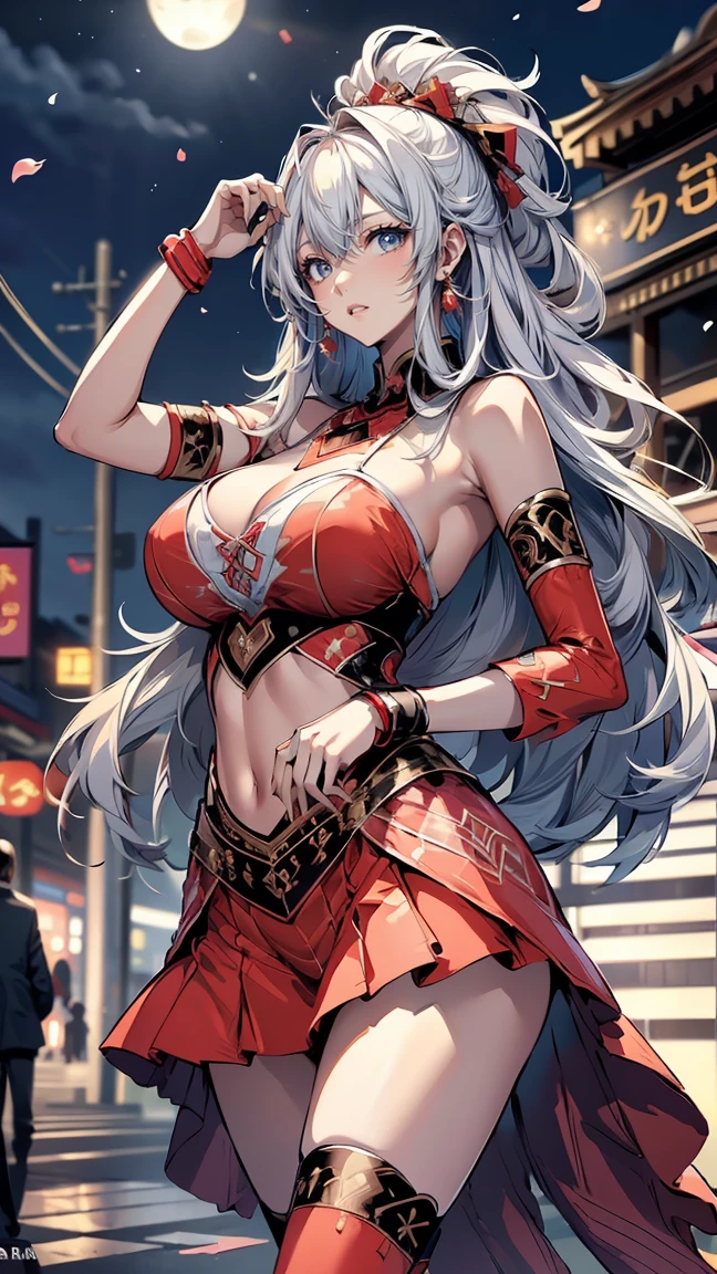 masterpiece, best quality, high_resolution, fine details, very detailed and beautiful, distinct_image, 1 girl, solo, silver-haired, red eyes, dragon horns, (huge breasts), (),shrine,squatting,arms behind head,, {spread legs}, bow-leggedness, Crab crotch,curvy, outdoor,long slit,blue sky,((miko costume)),