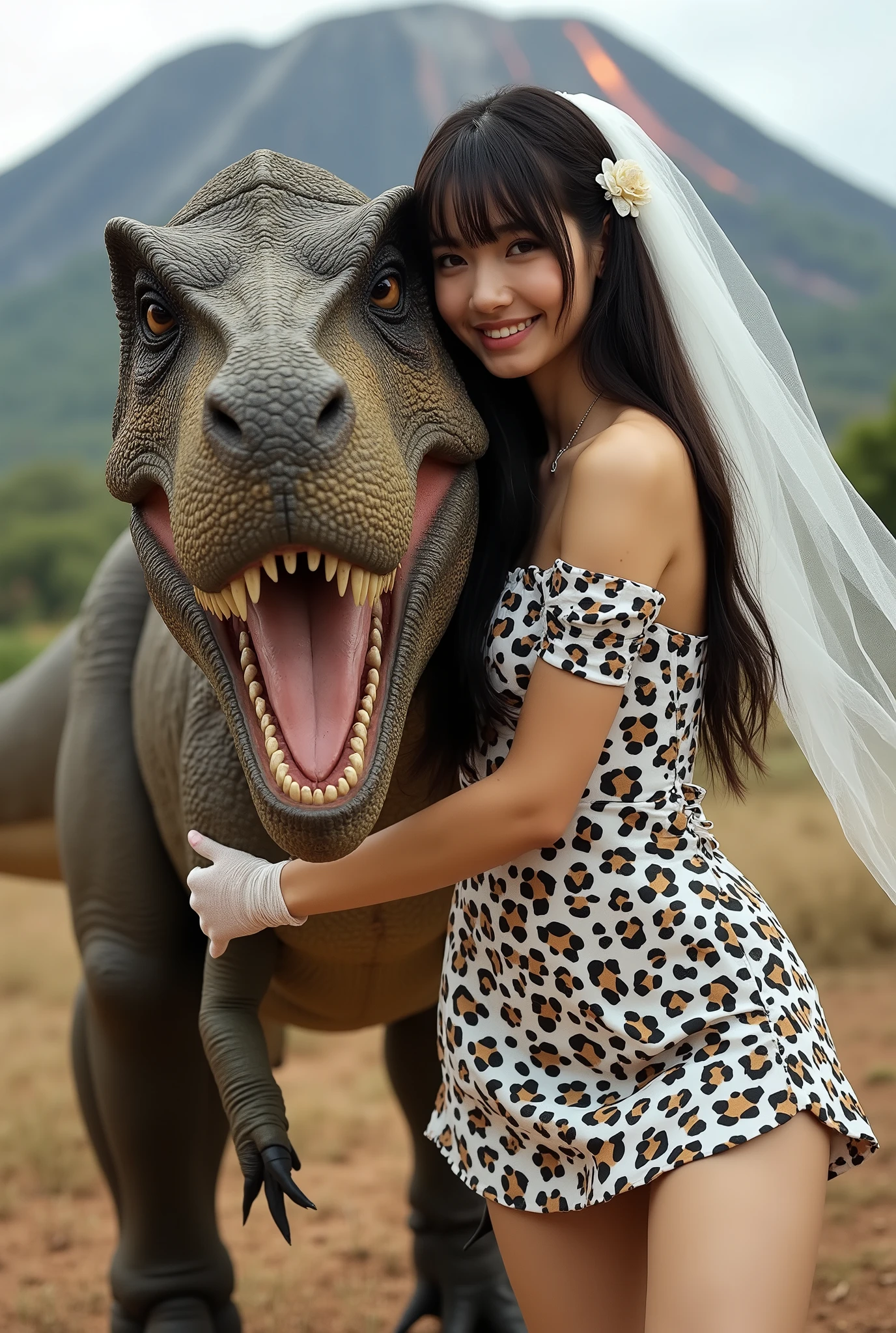 Create a portrait of a stunning Japanese female singer with a slim physique, small bust, and slender legs. She has long hair with bangs and is wearing a prehistoric-style leopard print mini wedding dress, complemented by a wedding veil and gloves. She is smiling affectionately next to a Tyrannosaurus rex. The background features a Cretaceous plain with a volcano, captured from a dynamic angle.