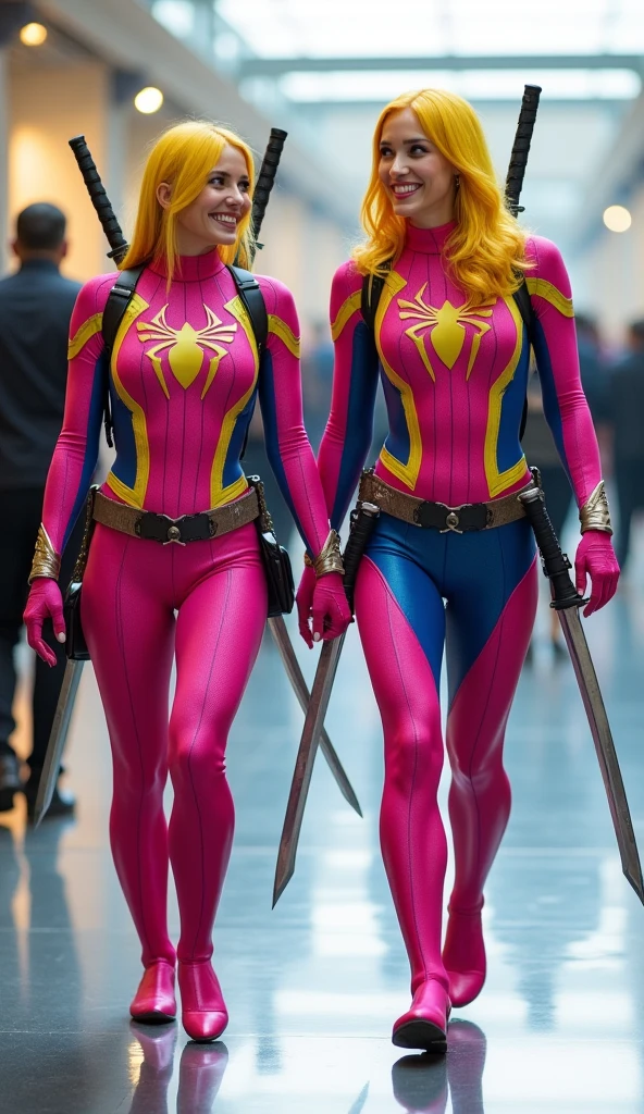 ((best quality)), ((4k)), ((highres)), ((masterpiece:1.2)). ((detailed)), ((ultra realistic)), ((intricate details)), ((full body picture)), ((character design sheet)), ((blank background)), ((standing in a blank background)), full body shot of a beautiful european female, blond beauty, about 23 years old, rosy white skin, red lips, about 5'6 ft. tall, perfect face, gorgeous face, blond hair, vivid green eyes, detailed lips, detailed eyes, long ponytail, athletic body, dressed in a skin-tight pink bodysuit ((emphasis on her skin-tight pink bodysuit)), black boots, ((black boots)), superhero character concept art