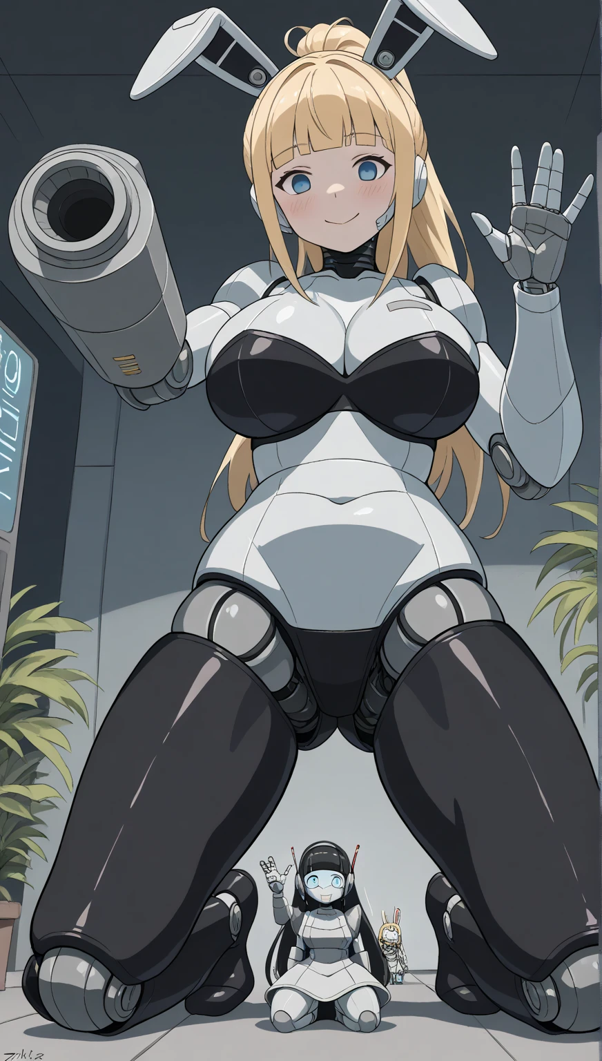  thick hips,  thick thighs, platform  heels, bandeau top, white high cut leotard, huge breast, thin waist, bob cut hair, weapon, tanned skin, gun, angry look,  scream, thick body, fitness, stockings, beret, cyberpunk 