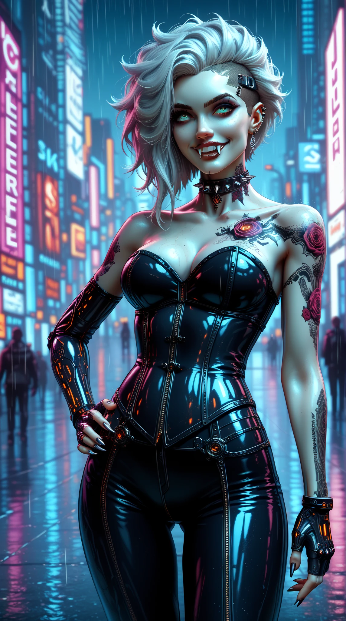 (8k_ultra_detailed), (gorgeous_cybergoth_vampire), (large_sharp_fangs:prominent),( silver fangs) (rainbow_hair:neon_ombré:flowing), (voluminous_curves), (large_breasts:natural), (mischievous_but_sweet_smile), (undercut_haircut:shaved_right_side), (neck_tattoos:circuit_patterns:glowing_blue), (cybernetic_left_arm:mechanical:exposed_wiring:glowing_blue_circuits), (black_latex_corset:strapless), (transparent_mesh_top:sheer), (studded_choker:spiked), (fingerless_gloves:leather:right_hand_only), (thigh_high_boots:platform), (glowing_contacts:purple), (standing_pose:confident:cybernetic_arm_forward), (high_tech_city_background), (neon_lights:pink_and_teal), (holographic_billboards:animated), (floating_vehicles:futuristic), (rain_slicked_streets:reflective), (cyberpunk_metropolis:dystopian), (smoke_machines:swirling), (dramatic_lighting:chiaroscuro), (hyper_detailed), (digital_painting:trending_on_artstation), (sharp_focus), (vibrant_colors:high_saturation), (cool_toned_shadows), (high_contrast), (fantasy_art), (character_design:unique), (intricate_mechanical_details), (energy_pulses:blue:along_arm)
Key Cybernetic Additions: