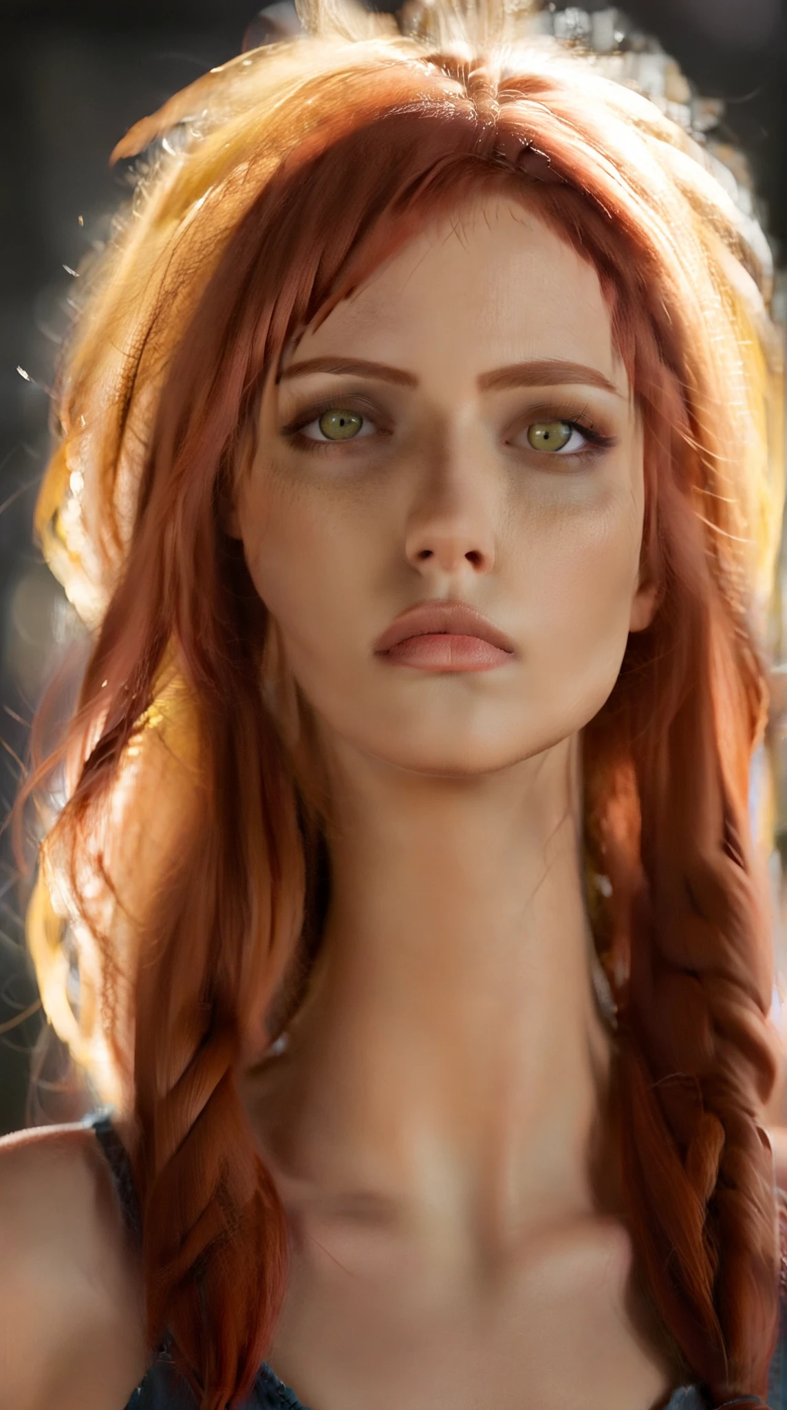 Ultra realistic anime-style woman with red hair in a braid, yellow eyes glowing softly, slow camera zoom into her face, expression calm and mysterious, standing in dim warm lighting, subtle wind moves her hair slightly, no background music, just ambient wind, cinematic portrait, hyper detailed, shallow depth of field, inspired by Makima from Chainsaw Man, 8K