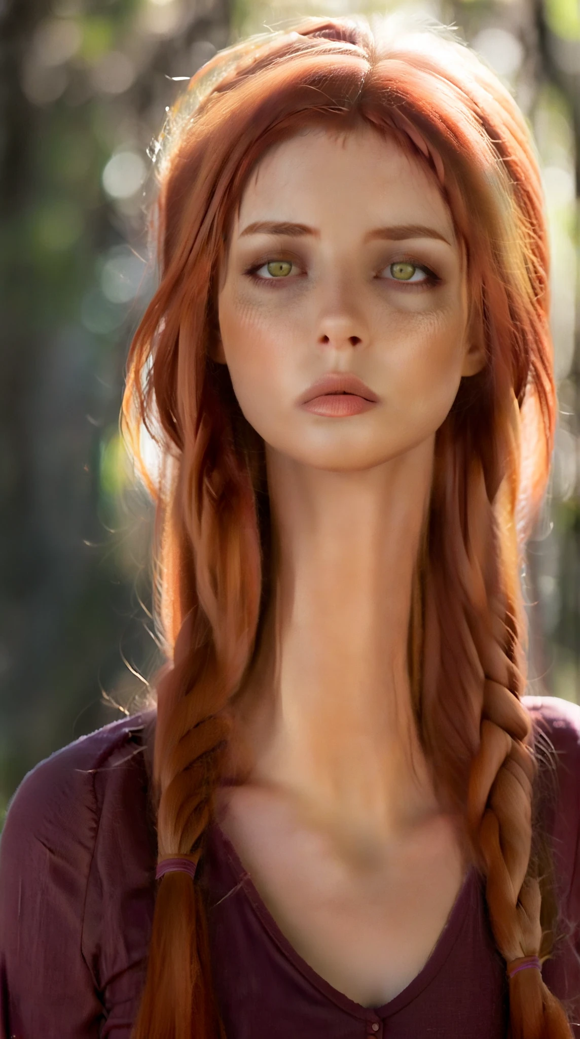 Ultra realistic anime-style woman with red hair in a braid, yellow eyes glowing softly, slow camera zoom into her face, expression calm and mysterious, standing in dim warm lighting, subtle wind moves her hair slightly, no background music, just ambient wind, cinematic portrait, hyper detailed, shallow depth of field, inspired by Makima from Chainsaw Man, 8K