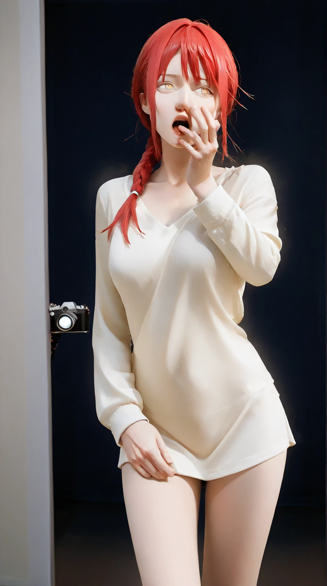 Ultra realistic anime-style woman with red hair in a braid, yellow eyes glowing softly, slow camera zoom into her face, expression calm and mysterious, standing in dim warm lighting, subtle wind moves her hair slightly, no background music, just ambient wind, cinematic portrait, hyper detailed, shallow depth of field, inspired by Makima from Chainsaw Man, 8K