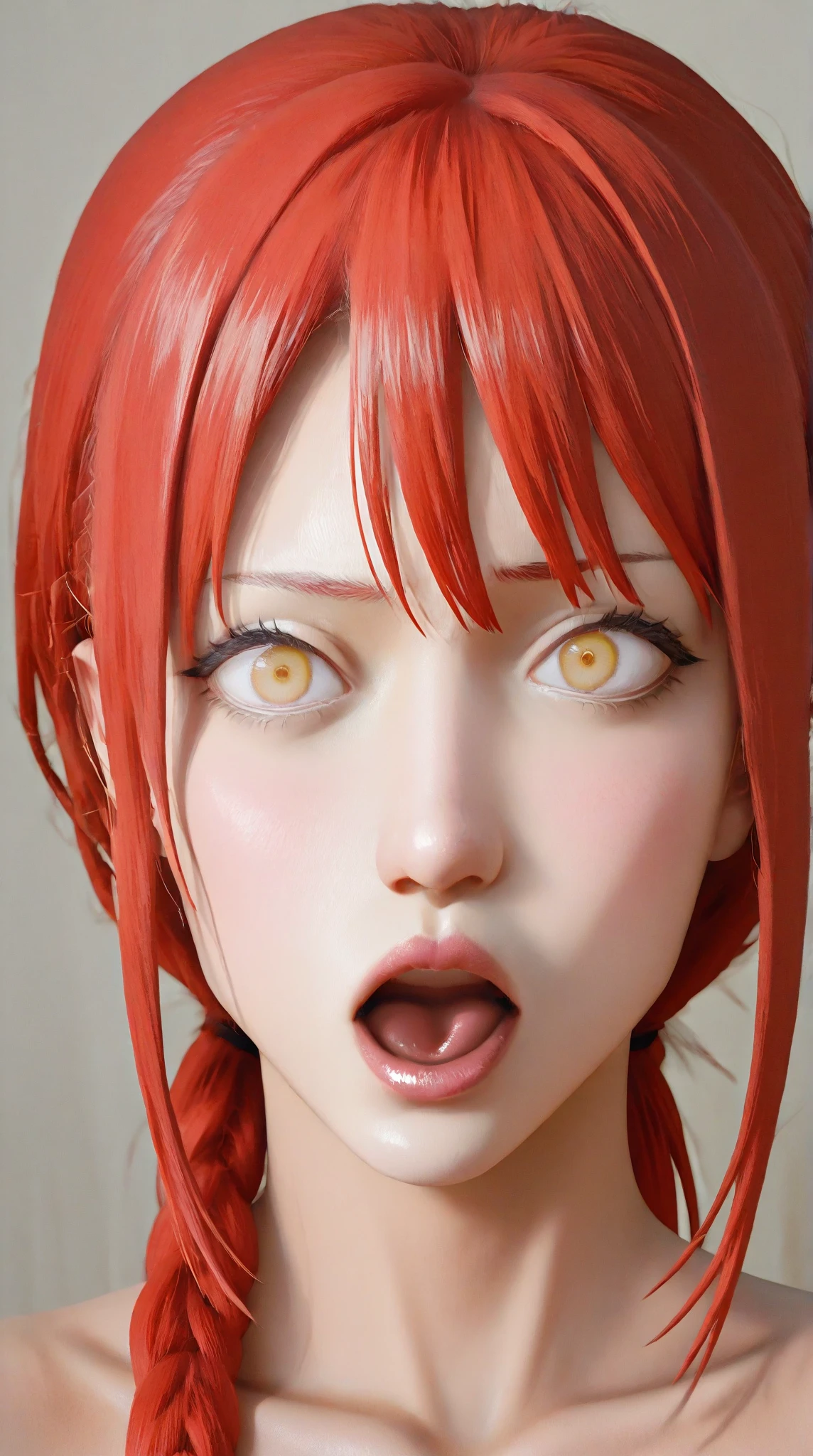 Ultra realistic anime-style woman with red hair in a braid, yellow eyes glowing softly, slow camera zoom into her face, expression calm and mysterious, standing in dim warm lighting, subtle wind moves her hair slightly, no background music, just ambient wind, cinematic portrait, hyper detailed, shallow depth of field, inspired by Makima from Chainsaw Man, 8K