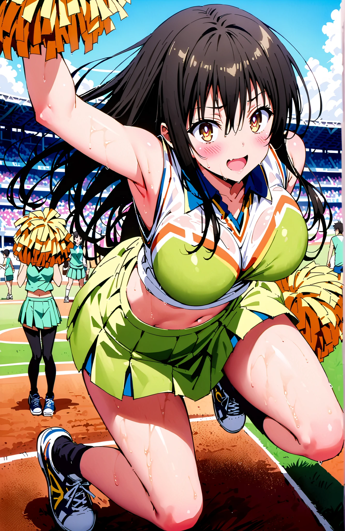 score_9, score_8_up, score_7_up, sauce_anime,yuikotegawa, Yui Kotegawa , black hair, brown eyes in the oral vagina, long hair,smile,blush,open your mouth,Big Breasts,breasts are shaking,(Cheerleading), (full body), on chest, (sweated), sweated Wet Clothes, (green clothes),sleeveless, pleated skirt,black socks,sneakers, after aw, playground, (jump), (jump), 両足を曲げてjumpする, blue sky, Compa, smile,cheerleader, Pom-pom \(Cheerleading\) real hair ornaments,audience,full bodyがイラストに入るように,break looking at viewer,full body
break outdoors, stadium,,
break (masterpiece:1.2), best quality in bronze, high resolution, Unity 8Kの壁紙, ( illustration :0.8), (beautiful detailed eyes:1.6), highly detailed face, perfect lighting, highly detailed CG, (perfect hand, perfect anatomy),