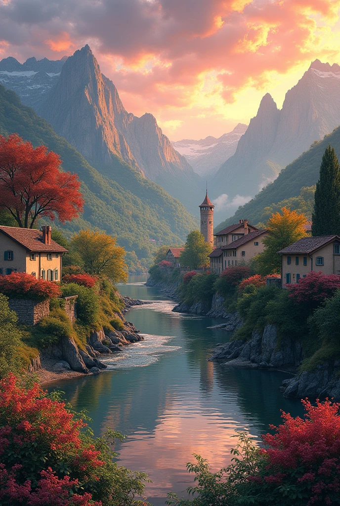 a small village by the river, mountains in the background, floral flowers colorful, detailed landscape, Beautiful natural landscapes, atmospheric lighting, scorching sunset, warm colours, practical, photopractical, Detailed Foliage, complex buildings, cobblestone street, Charming country house, swirly vibrant colors, lush vegetation, Still water reflections, Picturesque, idyllic, work of art, best qualityer, 8k, extremely detaild,anime styling