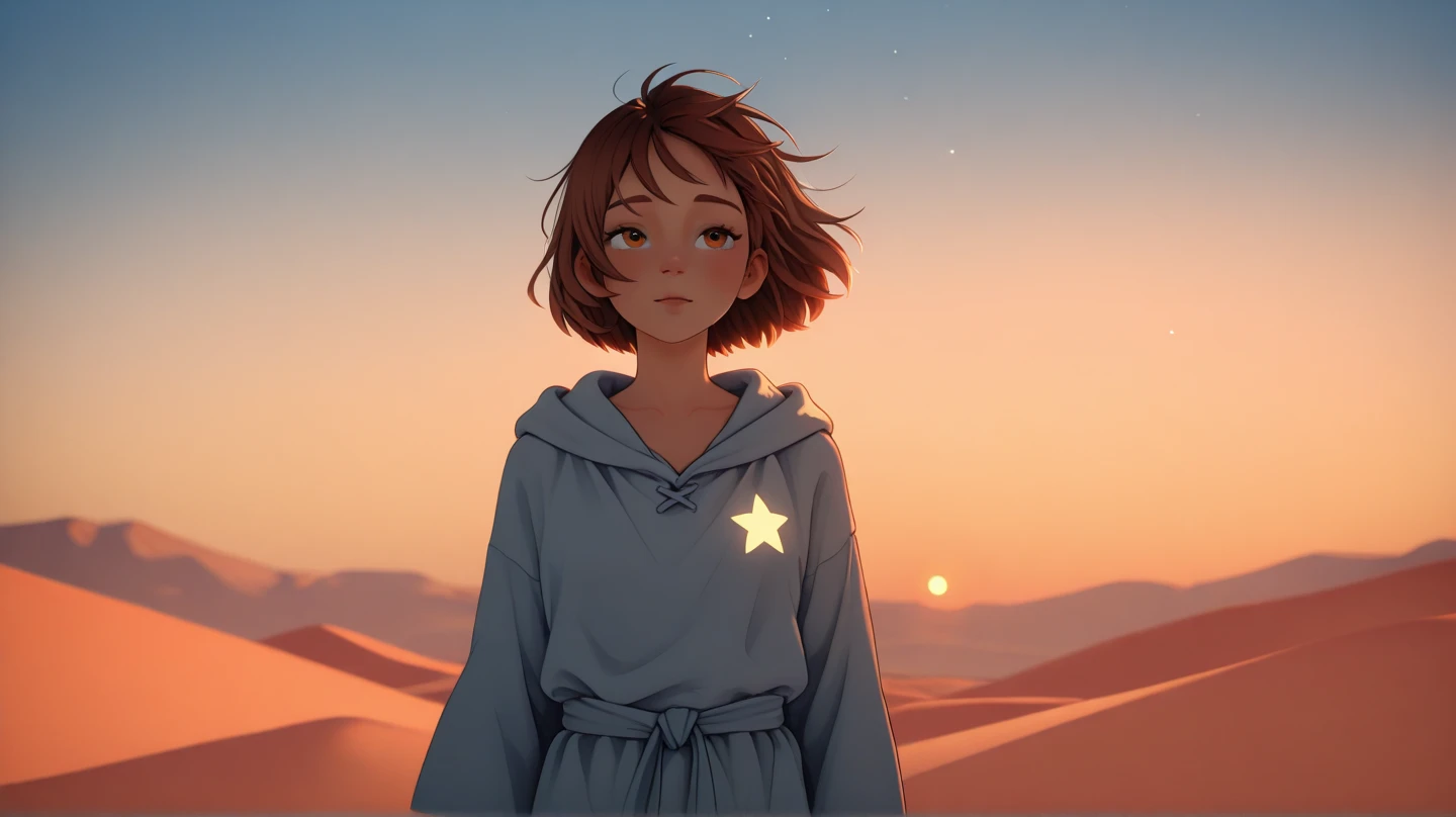 A Pixar-style illustration of Jesus standing alone in a peaceful desert at sunset, His robe flowing gently in the wind, looking at the sky with a serene and thoughtful expression, a single star beginning to shine above, warm and soft lighting, inspired by Luca’s color palette, 3D animated aesthetic, cinematic 16:9

