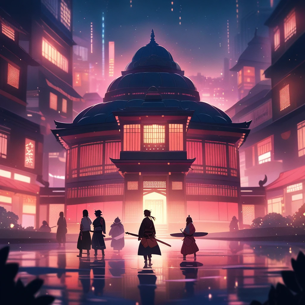 An aesthetic, City Pop-inspired album cover illustration, blending Tokyo and Indian vibes. A dreamy nighttime cityscape of Tokyo with neon-lit buildings reflecting in puddles, and a silhouette of a ninja standing on a quiet street, holding a sitar-like sword. The atmosphere is moody, cinematic, and nostalgic. Cherry blossoms drift in the breeze. In the background, subtle hints of Indian architecture, like a blurred outline of a palace or a temple dome
