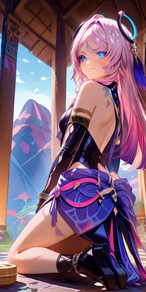 (1 Mature Alchemist,Age 35), ((Pub,guild)),(smile),Dynamic pose,Dynamic Angle,Pose for a photo,From below,Elderly woman、Trading Card Game Frames、Highest Rare、Five Fingers、Signature mark、Big Butt、Pink Hair、Alchemist、Spell Card、Cape、Perky ass
