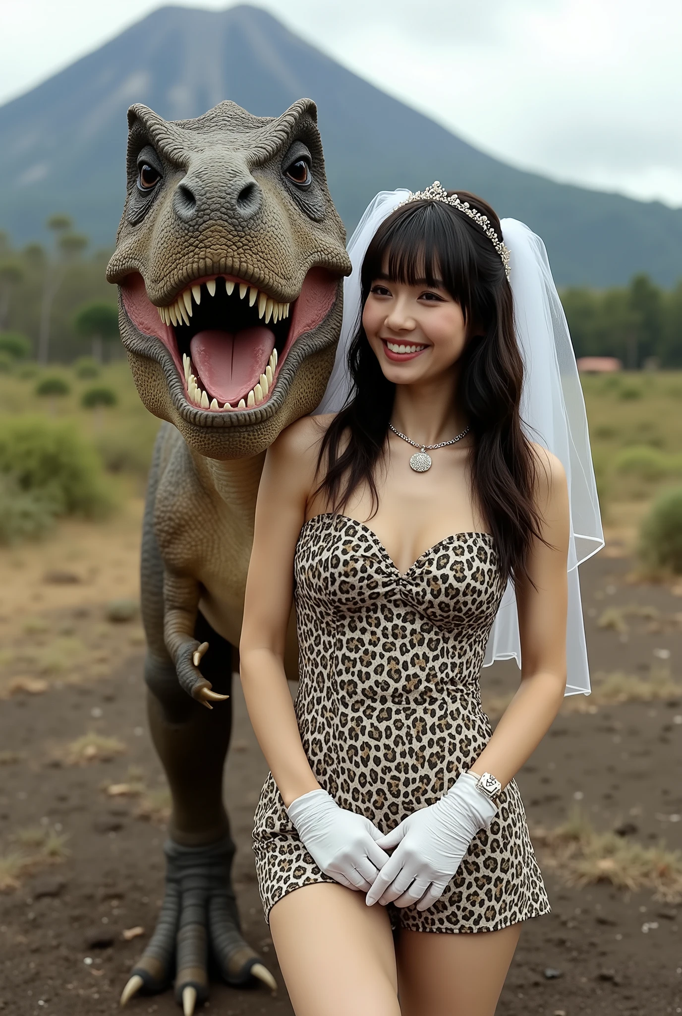 Create a portrait of a stunning Japanese female singer with a slim physique, small bust, and slender legs. She has long hair with bangs and is wearing a prehistoric-style leopard print mini wedding dress, complemented by a wedding veil and gloves. She is smiling affectionately next to a Tyrannosaurus rex. The background features a Cretaceous plain with a volcano, captured from a dynamic angle.