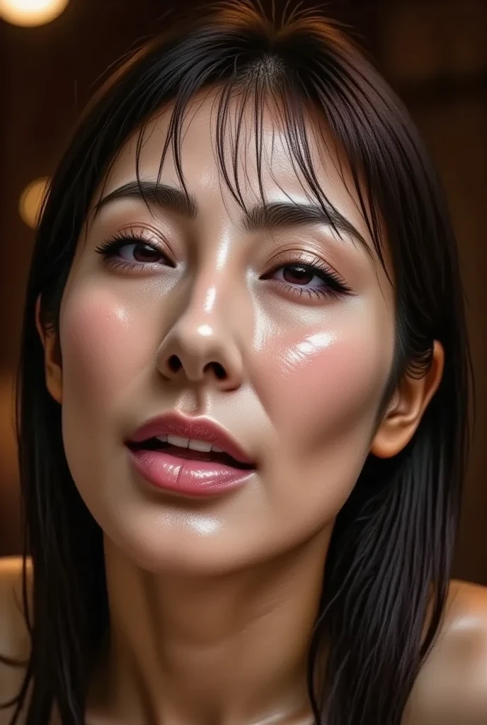 Beautiful Japanese,1 person(masterpiece:1.2, Highest quality), (Realistic, photoRealistic:1.4),, Keep your eyes clearly focused, Nose and mouth,Face Focus, Extreme close up of face、 3,Black Hair、Symmetrical face,Realistic nostrils、Angle from below、Elongated C-shaped nostrils NSFW,(Sharp Nose)Sweaty skin、Glowing Skin((Thin eyebrows))Oily skin、輝くGlowing Skin、double eyelid、Beautiful woman、Medium Hair,Sharp Nose(Inside the elevator)((Half-closed eyes,Frowning,Frowning,Heavy breathing, Moaning,Heavy breathing,shout, tear up,Frowningをする, Saliva trace))((Drooling from the corners of the lips.)),